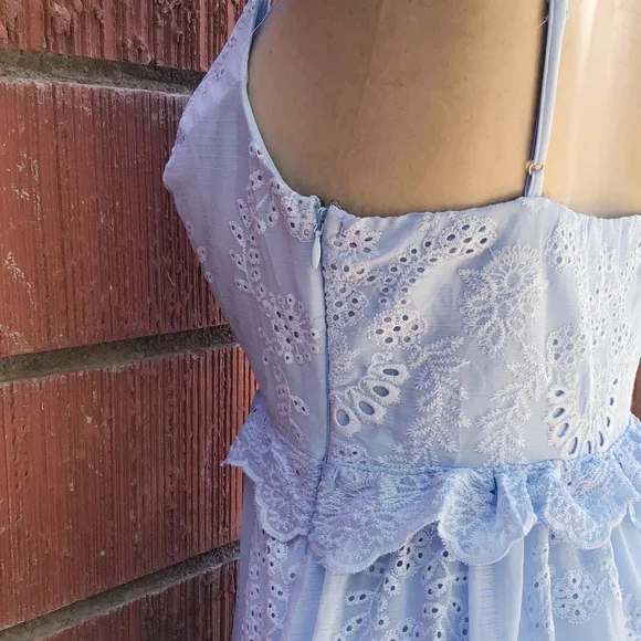 LAST ONE❗Lulu's Vintage Feminine Chic Powder Blue Embroidered Eyelet Midi Dress - Picture 4 of 10
